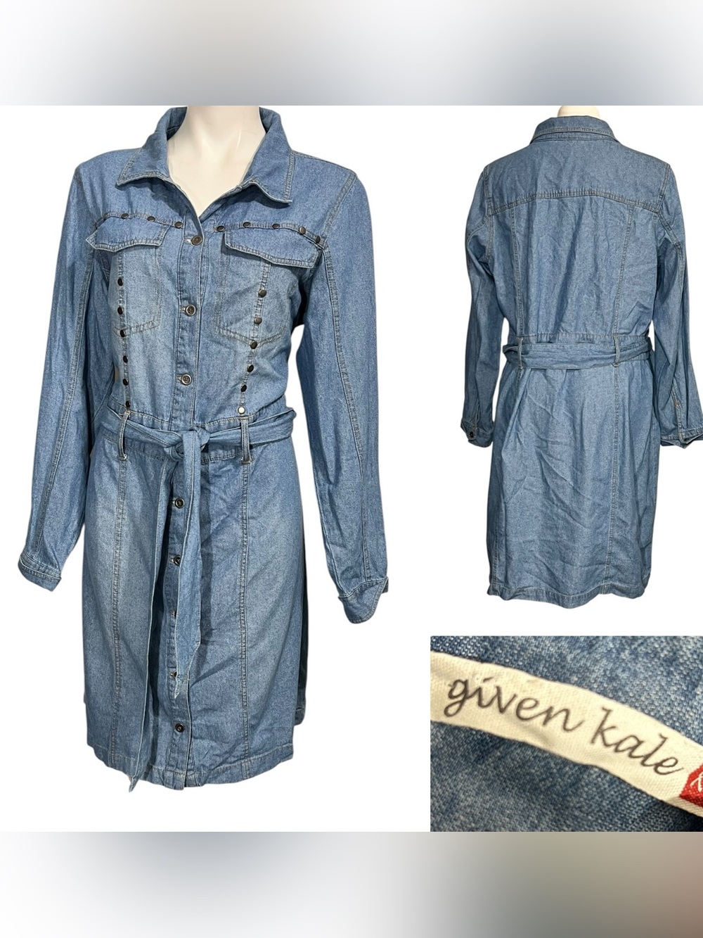Given Kale Denim Shirt Dress XL Light Blue long sleeve Tie Belt knee length